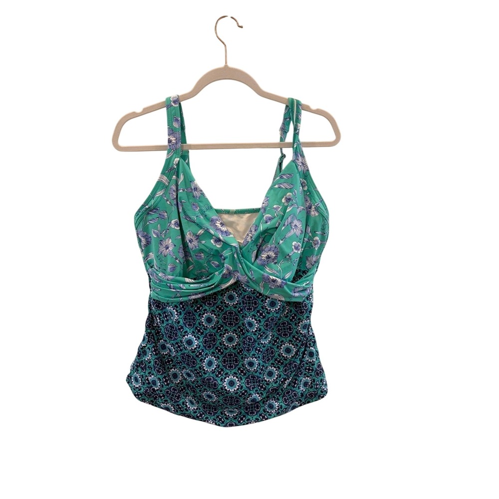Lands End Womens Floral Geometric Twist Front Tankini Top Blue Green 16 DD